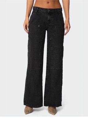 Low-Rise Black Wide-Leg Utility Jeans for Women